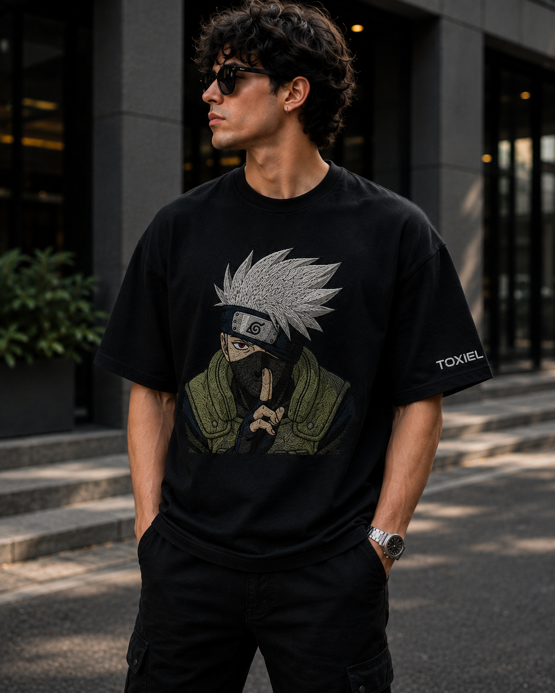 Kakashi Anime Embroidered Oversized T-Shirt