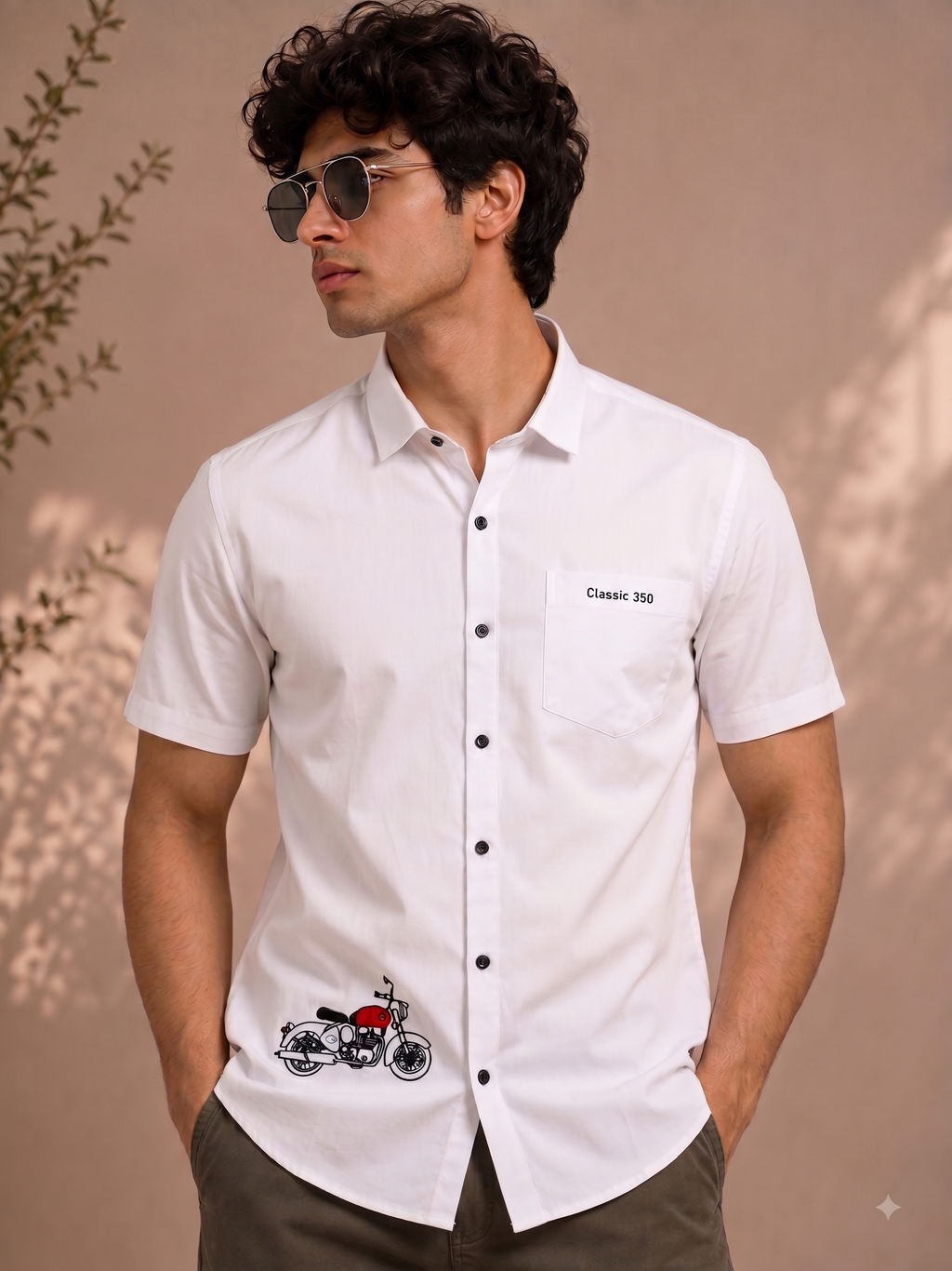 Classic 350 Premium Embroidered Men's Half Sleeve White Shirt